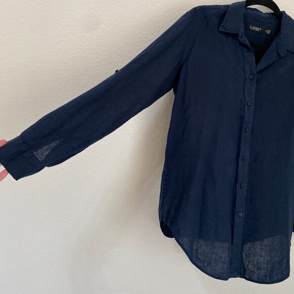 Lauren Ralph Lauren Navy Blue 100% Linen Long Sleeve Button Front Shirt Medium - Picture 5 of 8
